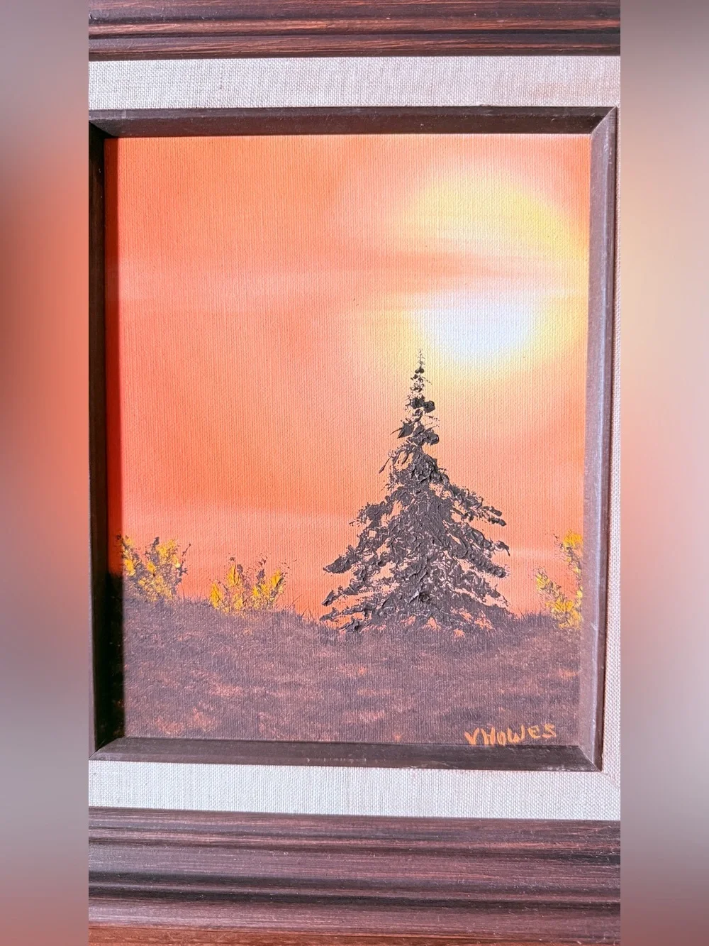 Vintage Signed V. Howes Sunset Pine Tree Landscape Painting Framed 12.5x14.5”